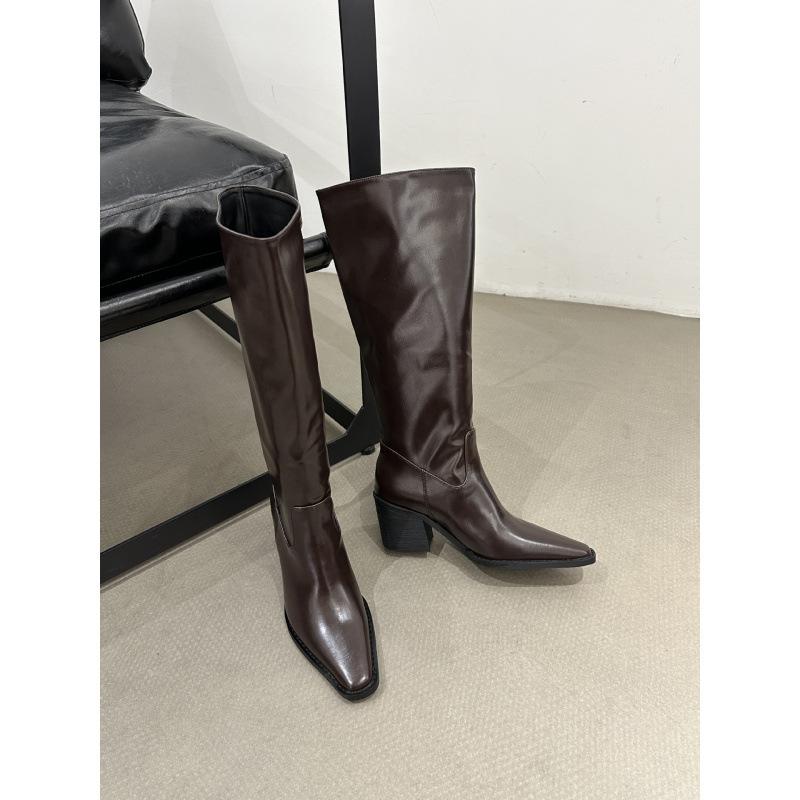 Stiefel mit dickem Absatz Damen 2025 Herbst und Winter neue Damenstiefel eckige Spitze hohe Stiefel bis zum Knie lange Stiefel hohe Absätze Ritterstiefel
