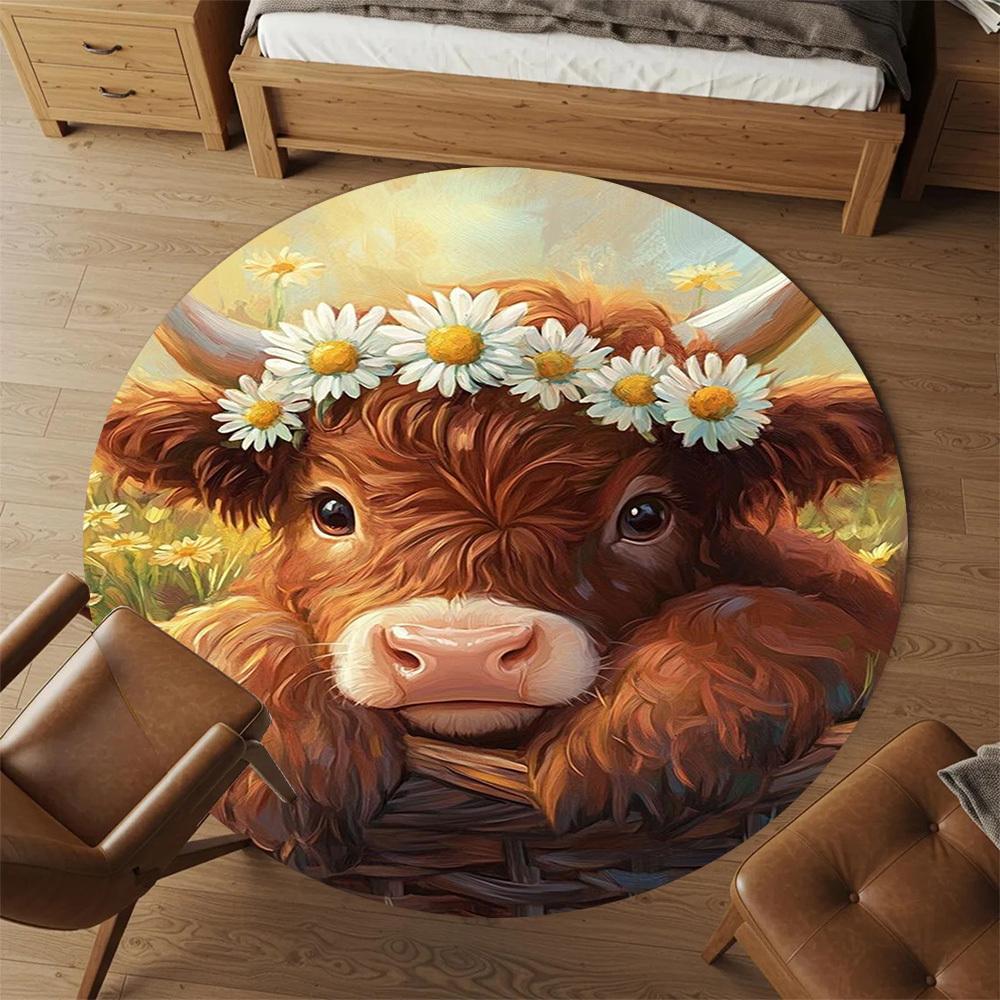 1PC Cow Basket Round Chair Mat Area Rug - Non-Slip, Floor Mat for Office, Bedroom, Home Decor Christmas Gift C0528035