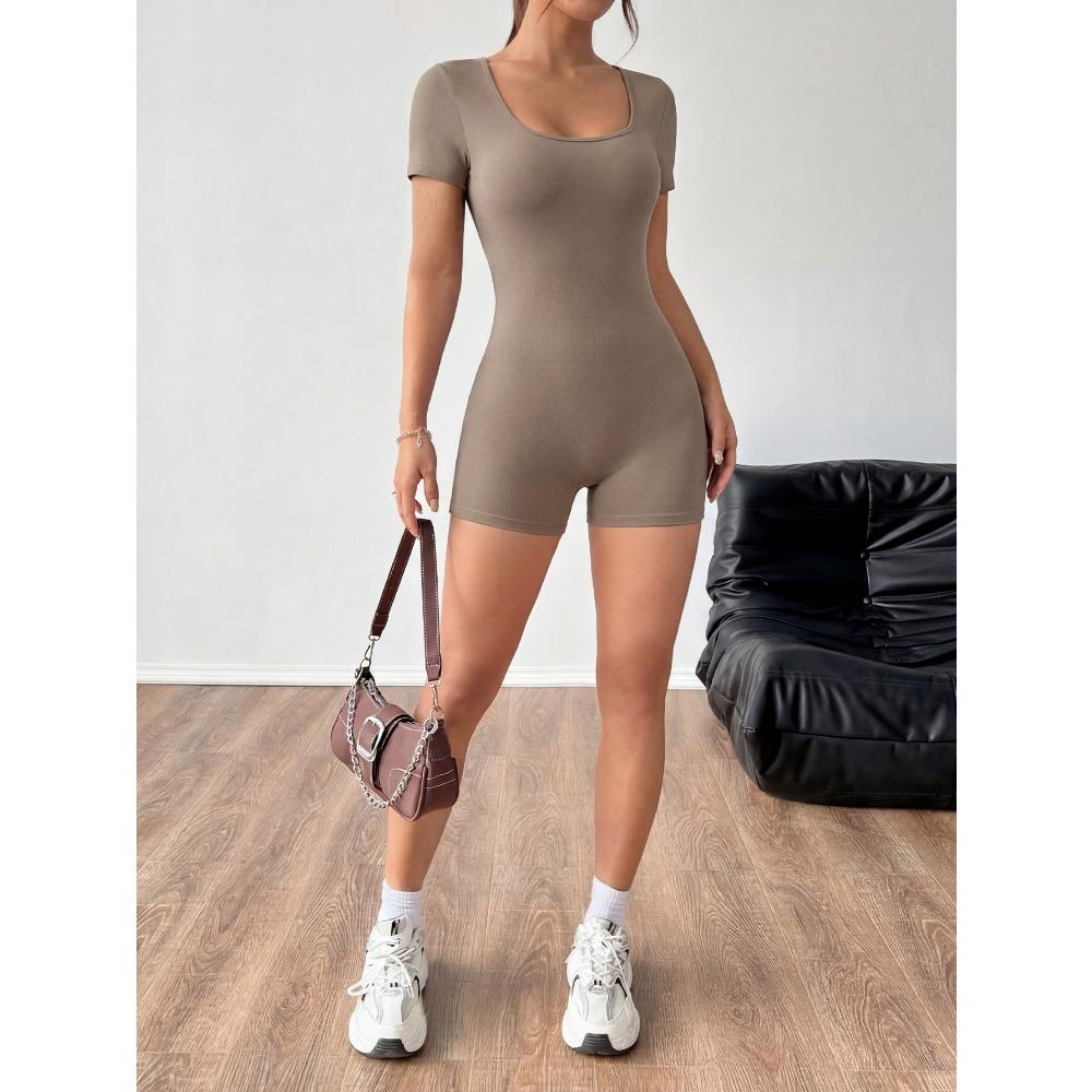 Mono Corto de Mujer de Manga Corta y Cuello Cuadrado, de Canalé, Liso, de Cintura Alta, Ajustado, de Alta Elasticidad, Bodysuit Casual