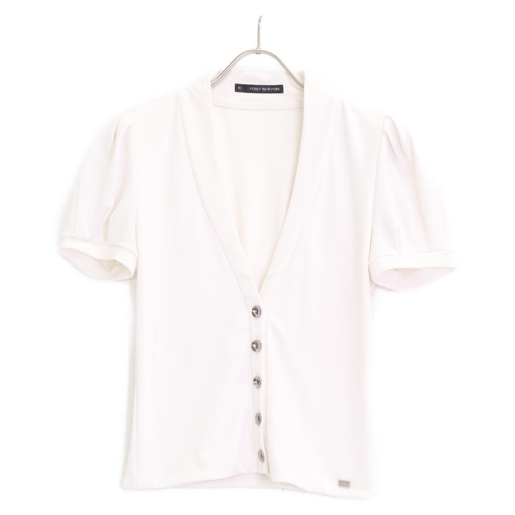 FOXEY NEW YORK 26154 White Buttoned Short Sleeve Cardigan Tops 38 whiteUsed