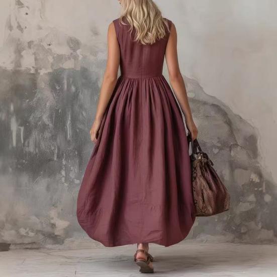 Summer Maxi Shirt Dress for Women Sleeveless Button Down Lapel Long Dress Beach Vacation A-line Flowy Sundress with Pockets