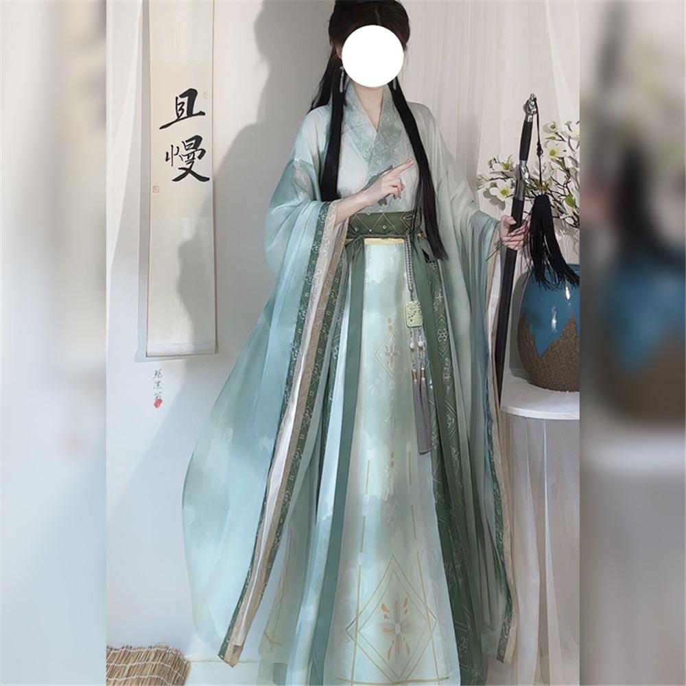 Hanfu de style chinois pour femmes des dynasties Wei et Jin, col croisé, manches larges, costume jupe une pièce