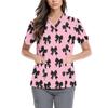 Women's Cute Bow Printed Work Clothes V-neck Double Layer Pockets Basic Short Sleeve Top Pullover