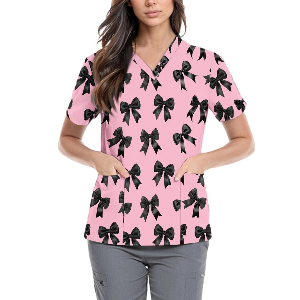 Women's Cute Bow Printed Work Clothes V-neck Double Layer Pockets Basic Short Sleeve Top Pullover