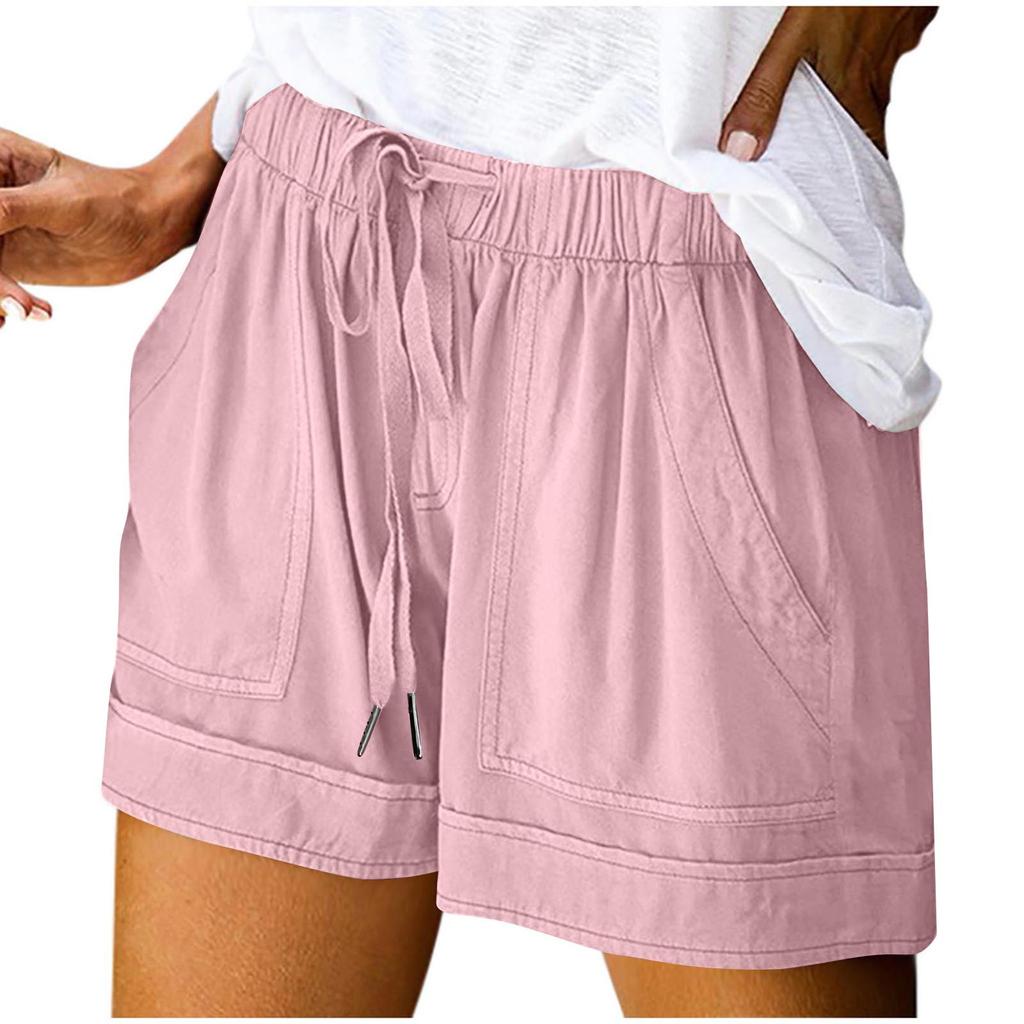 Women's Summer Large Size Loose Solid Color Drawstring Lace-Up Pocket Casual Shorts Women