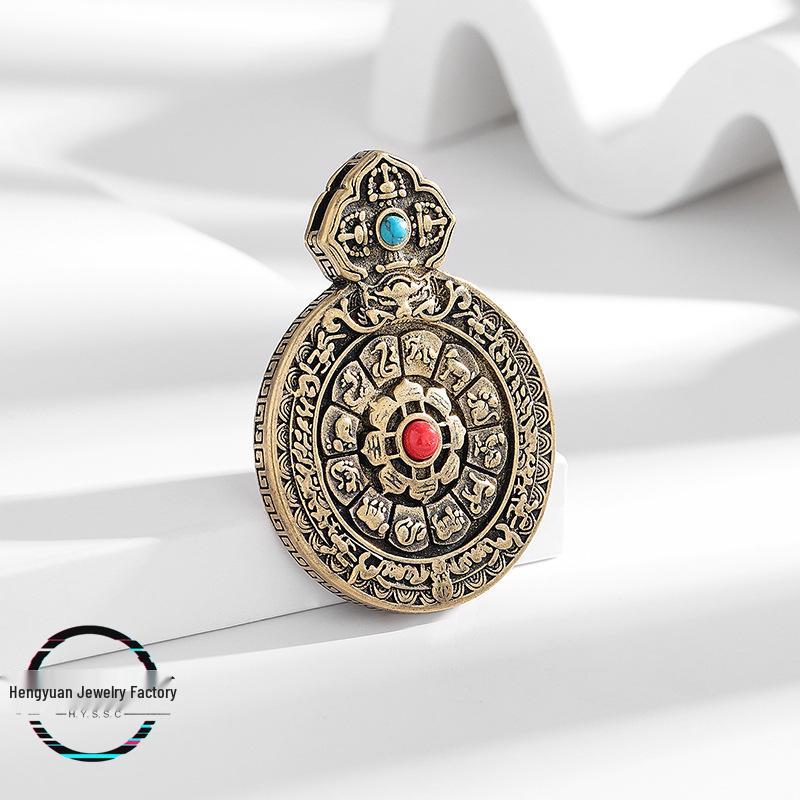 Тибетский стиль Падмасамбхава Девять Дворцов Латунный Кулон с Символами Зодиака Богатства