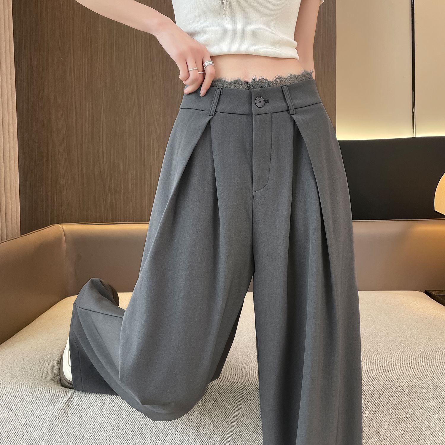 

Women s High-Waisted Lace Splicing Wide-Leg Suit Pants - Spring, Slimming, Versatile, Floor-Length, Casual S 85-98 cm
