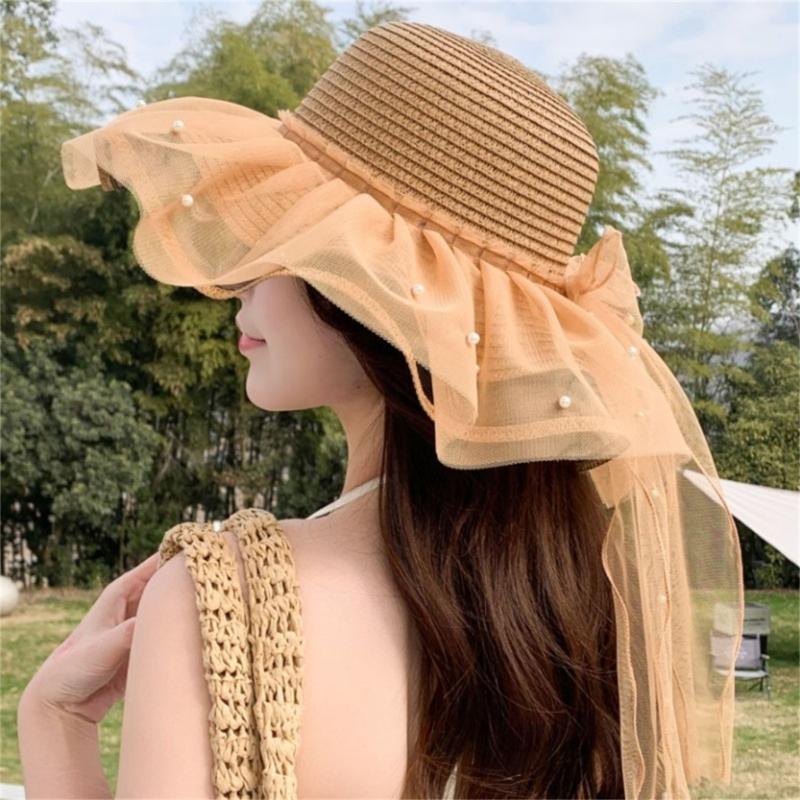 Elegant Sun Hat For Women Paper Straw Breathable And Foldable Lace Bowknot Wide Brims Panama Hat for Camping Travel
