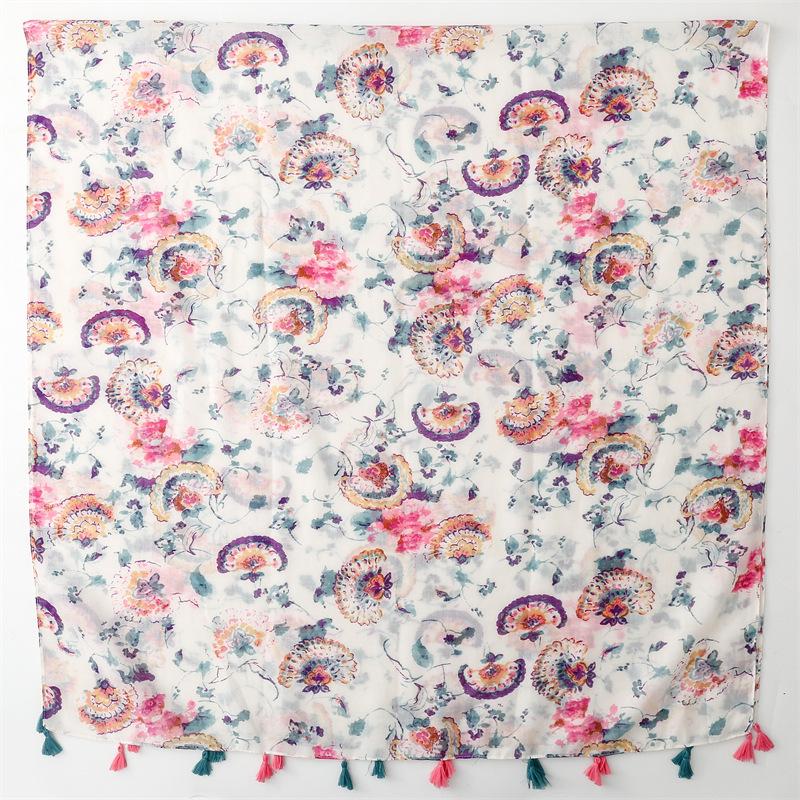 Four Season Cotton And Linen Hand Feel Scarf, Retro Ethnic Style, Colorful Flowers, Thin Tassel Scarf, Shawl For Women