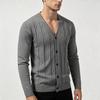 Cardigan Suéter Masculino Cor Sólida Gola V Manga Longa Outono Casual Malha Geométrica Ondulada Botão Frontal Roupa Externa Tricô