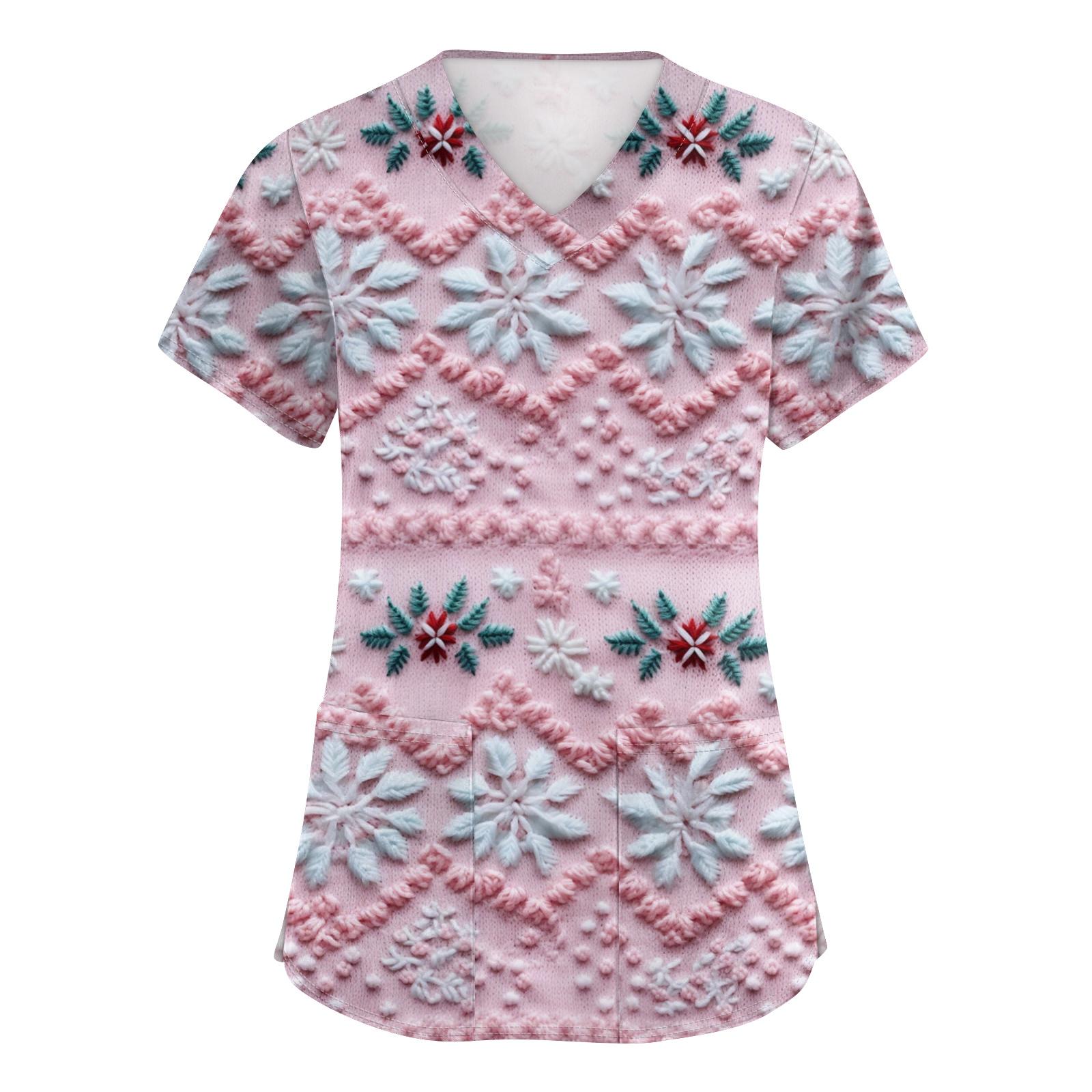 

Women s V-neck Christmas Printed Short-sleeved Pocket Side-slit Protective Suit Top M