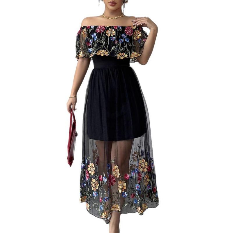 This Women's Cinched Waist Dress Is Elegant and Fashionable It Is A One-shoulder Long-sleeved Printed Mesh Dress