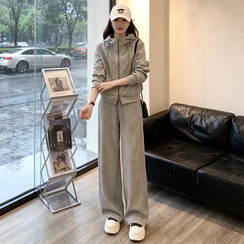 Women's High-End Casual Hooded Cardigan and Wide-Leg Pants Set for Spring/Autumn 2026
