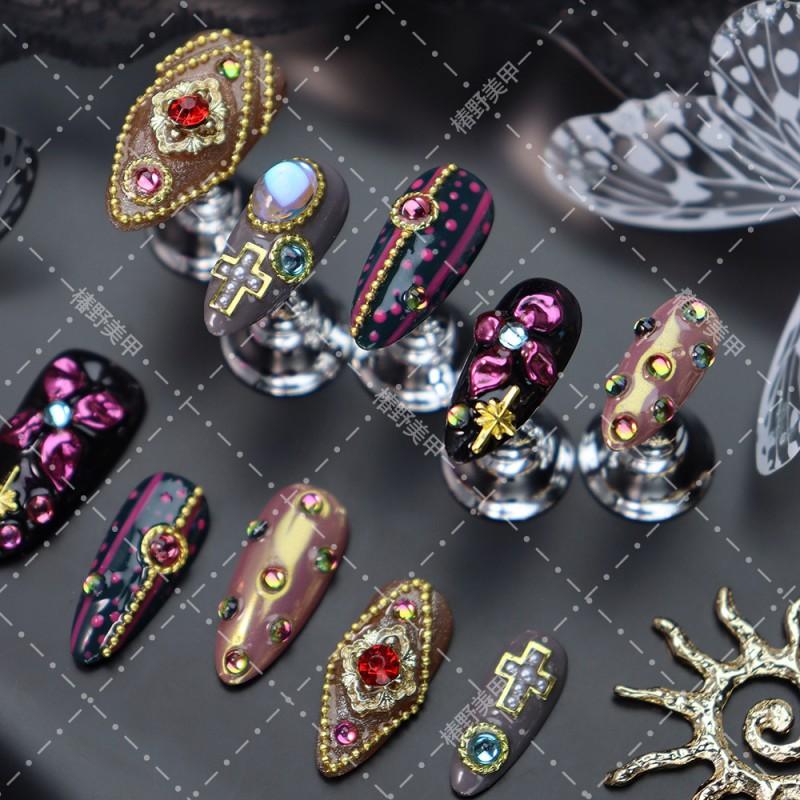 Gothic Press-On Nails With Cross Gemstone Relief Design Acrylic False Women Almond Shape Reusable Nail Tips