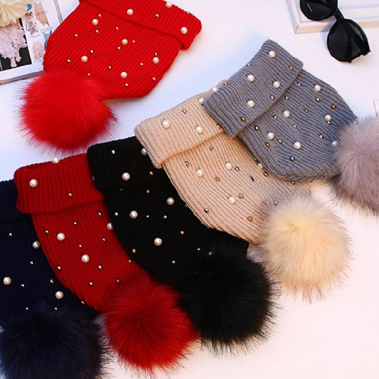 Solid Color Pearl Pompom Wool Hat Knitted Hat Beanie Hat Thicken Stretchable