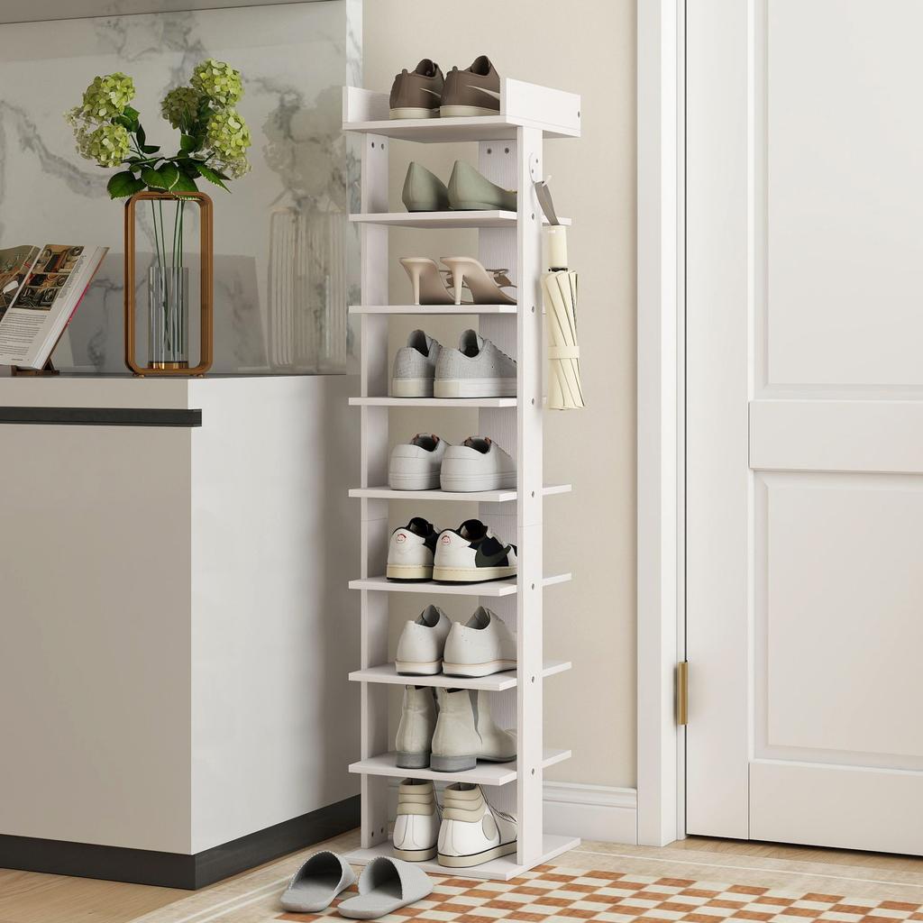 Shoe Rack 9-Tier Shoe Storage Organiser Top Tray Guardrail 2 Hooks 30 X 30 X 128.4 Cm White