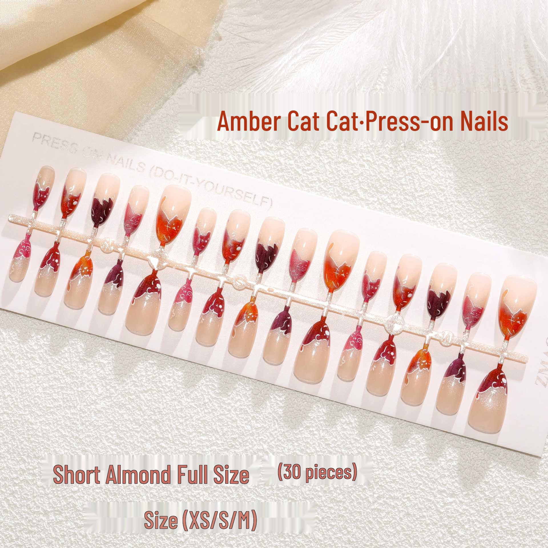 

T445# Trendy Amber Cat Short Almond Press-On Nails (XS/S/M)