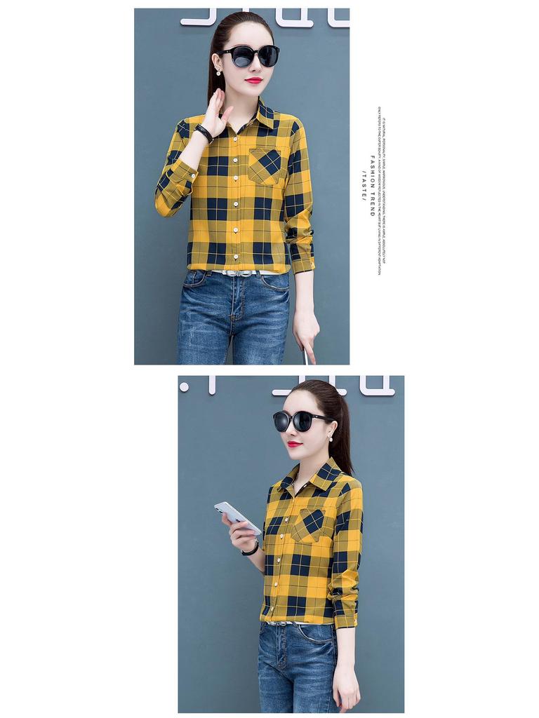 2025 Women's Korean Style Plaid Slimming Shirt - Casual Long Sleeve Print for Spring & Autumn Students