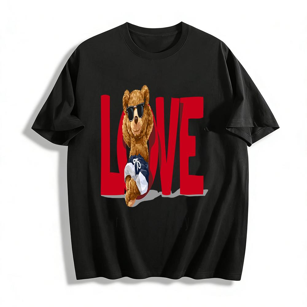 

Cool Sunglasses Bear LOVE Print Casual Tee Lazy Vacation Style Loose Top Pure cotton T-shirt XXS