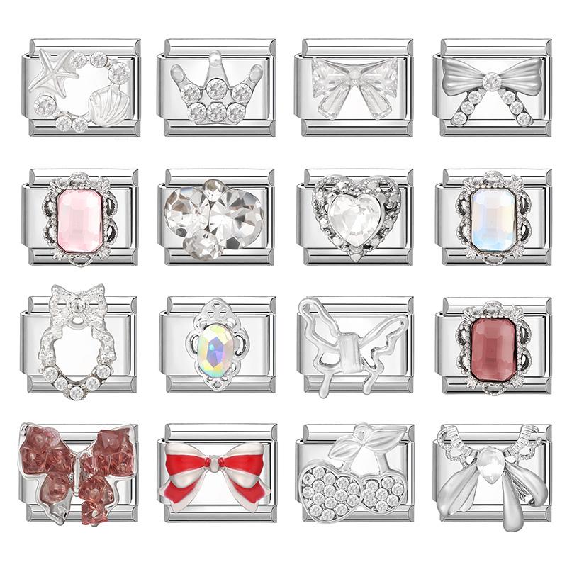 Y2K Zircon Cherry Bow Heart Butterfly Shiny Italian Charm Links Fit 9MM Bracelet Stainless Steel Jewelry DIY Making Jewelry
