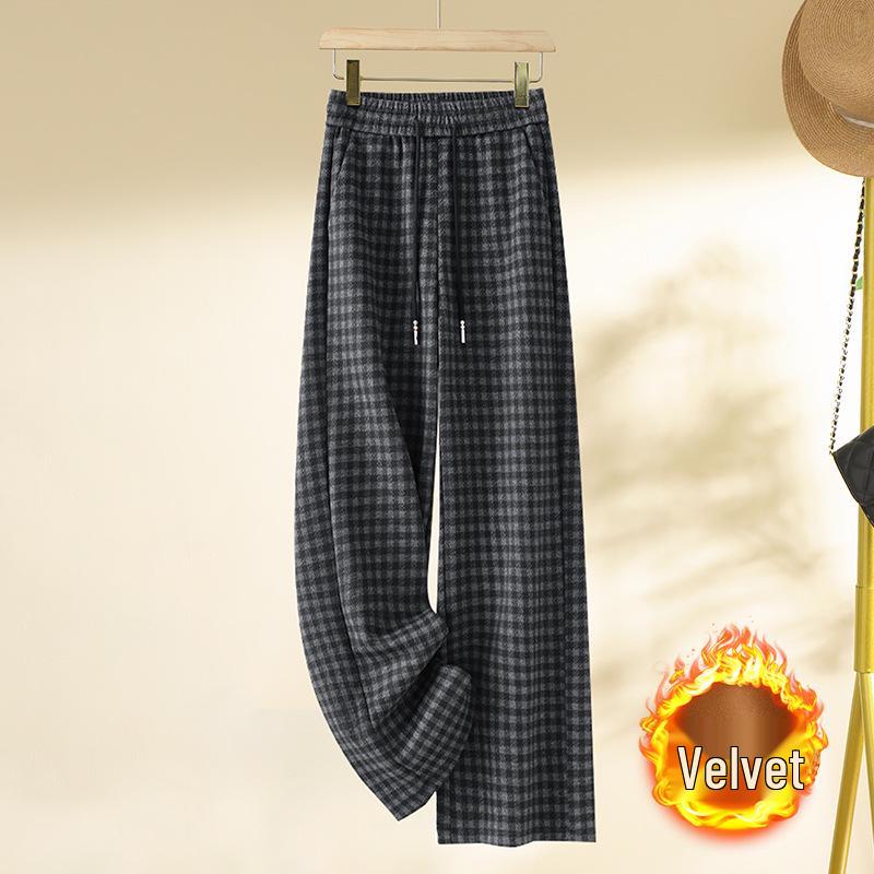 Women's 2024 Winter Wool Plaid Fleece-Lined Elastic Waist Wide-Leg Pants