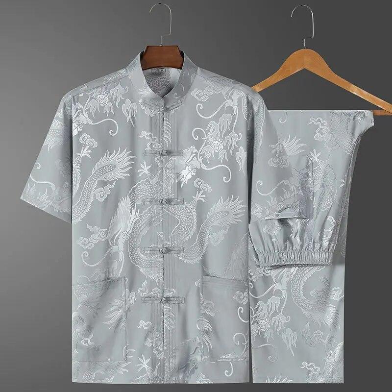 Chinesischer Stehkragen Tang-Anzug Männer Kurzarm Vintage Hanfu Kleidung Handknopf Cheongsam Casual Dragon Kong Fu Kleidung
