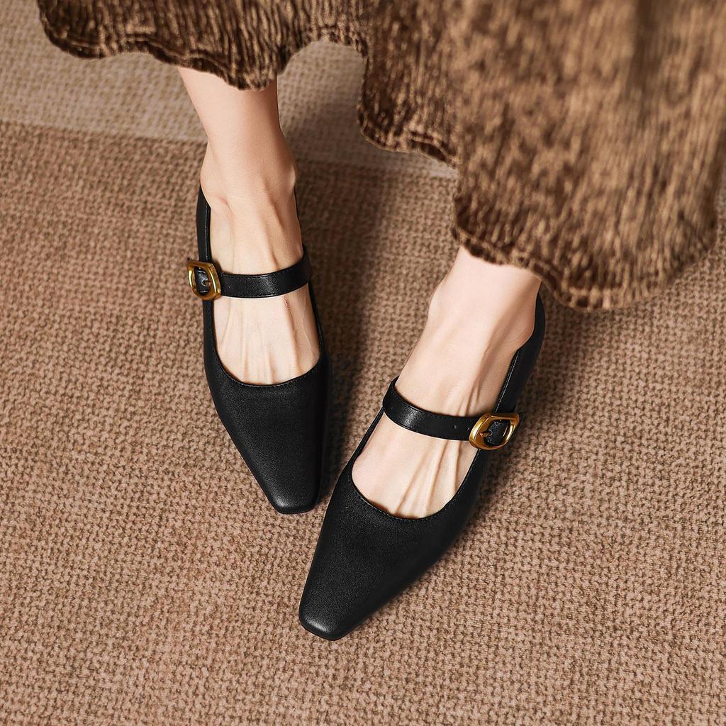 Krazing Pot Microfiber Square Toe Thick Med Heels Spring Summer Shoes Big Size 43 Metal Buckle Beauty Women Shallow Pumps