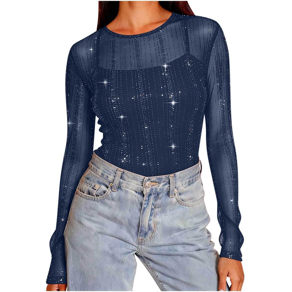 Women's High-Neck Sequin Long Sleeve Top - Spring/Autumn 2026, Stylish & Transparent Inner Layer