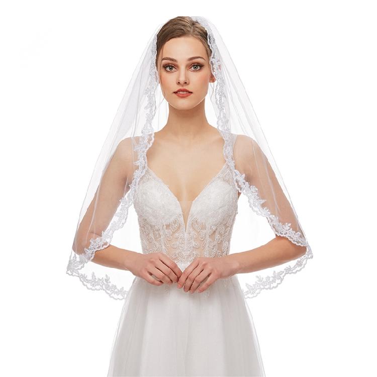Wedding Veil Single Layer Lace Appliques Fingertip Length Short Tulle for Brides