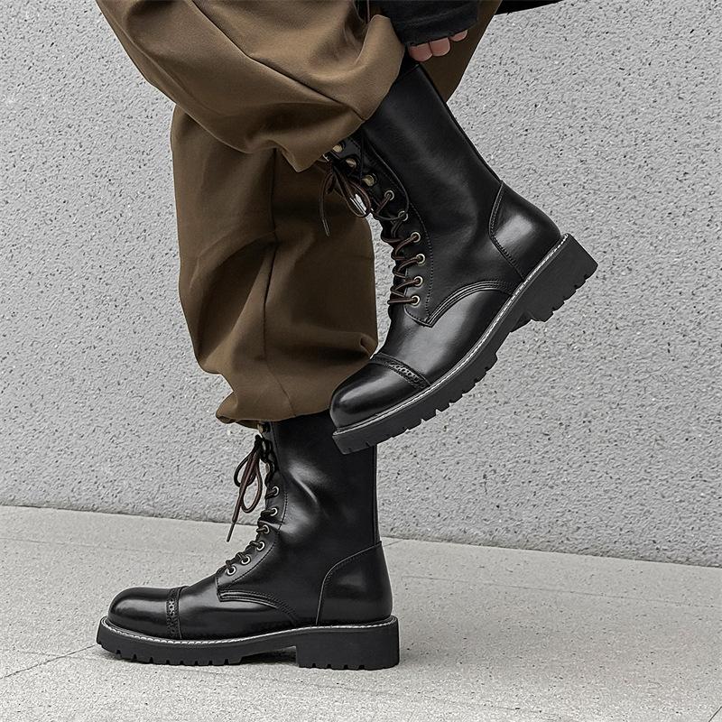 Plus Size Mens Fashion Stage Nightclub High Motorcycle Boots Black Stylish Platform Shoes Cowboy Natural Leather Boot Long Botas