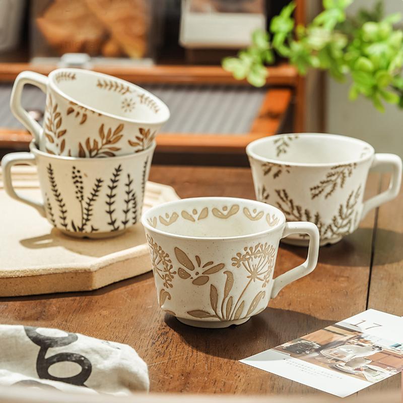 1PC Stoneware Mugs Vintage With Handles Office Coarse Pottery Cafe Plant Carving Nordic Ceramic Coffee Mug Fruit Tea Household