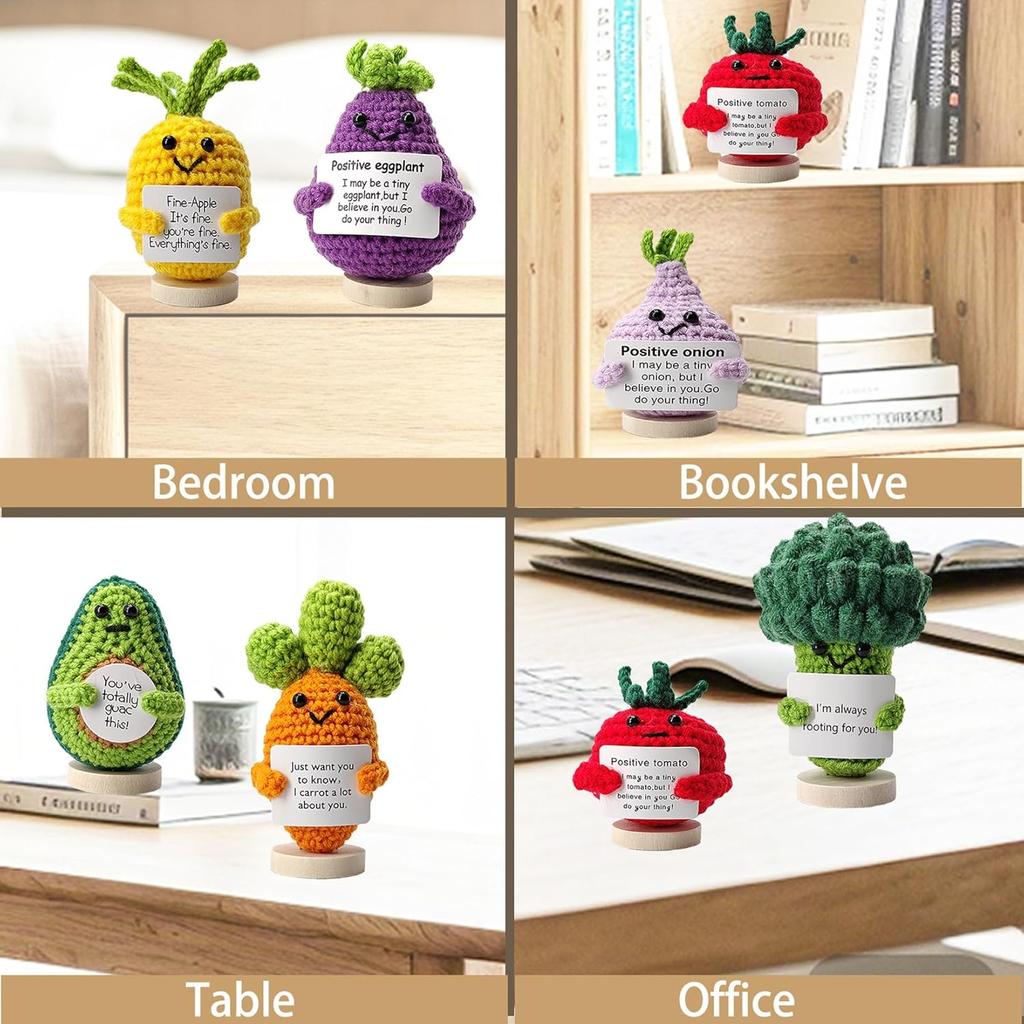 7PCS Handmade Positive Emotional Support Crochet Dolls, Adorable Knitted Dolls of Vegetables and Fruits with Positive Card, Mental Health Boosting