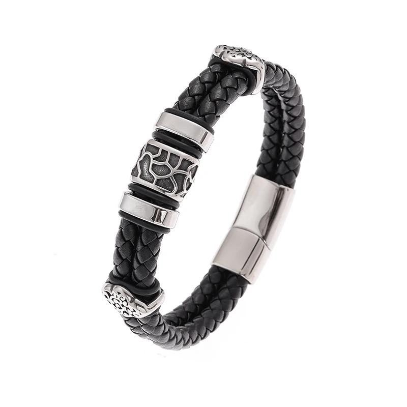 Double Layer Punk Brown Braided Leather Bracelet for Men with Metal Magnetic Clasp Stylish Business Bracelet Jewelry Gift