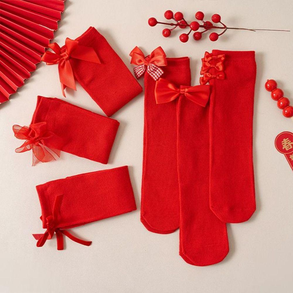 Cotton New Year Red Socks MidTube Knee High Stockings Kawaii Children Long Socks  For Girls