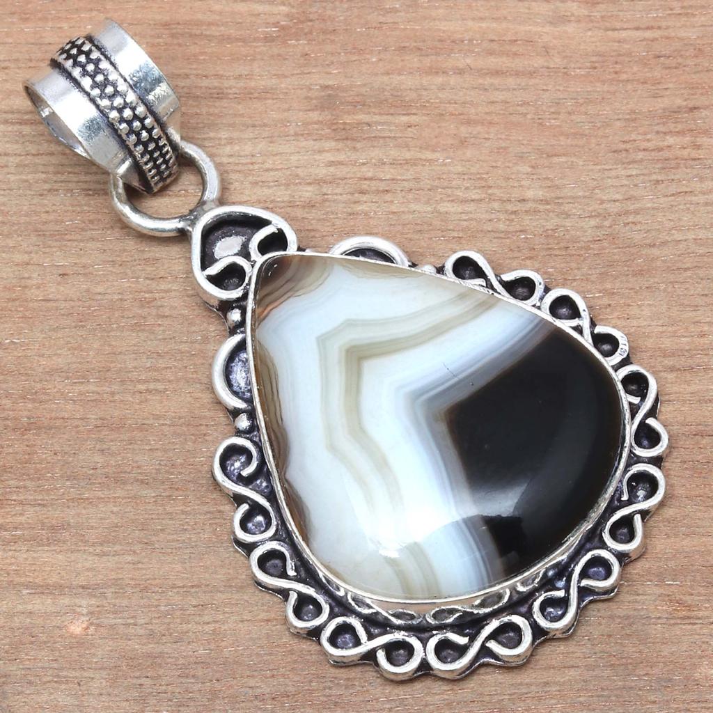 Pendant Gray Botswana Agate Gemstone Valentine'Day Ethnic Silver Jewelry 2"