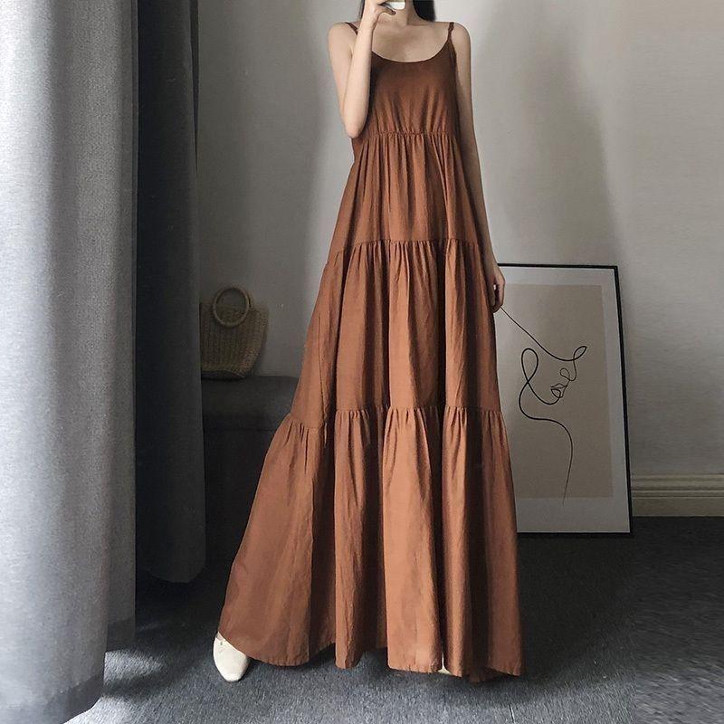 Korean Style Plus Size Spaghetti Strap Maxi Dress - Women's Slimming Summer Ankle-Length