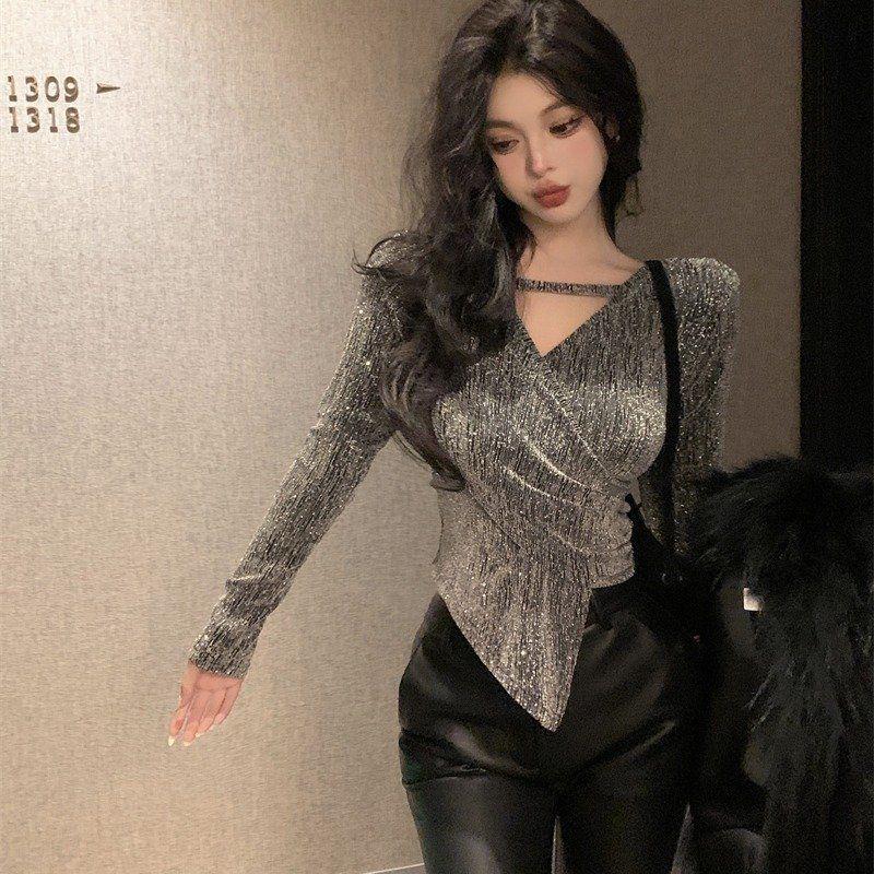 

Women s Slimming Long Sleeve Bodycon T-shirt with Irregular Hem - Bright Silk Style for Southeast Asian, European, and American Markets S серебряный