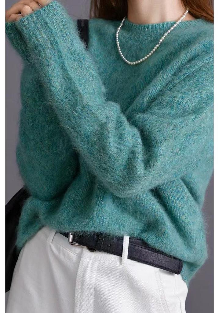 Korean Red Heather Yarn Plush Cashmere Wool Blend Sweater, Round Neck, Loose Fit