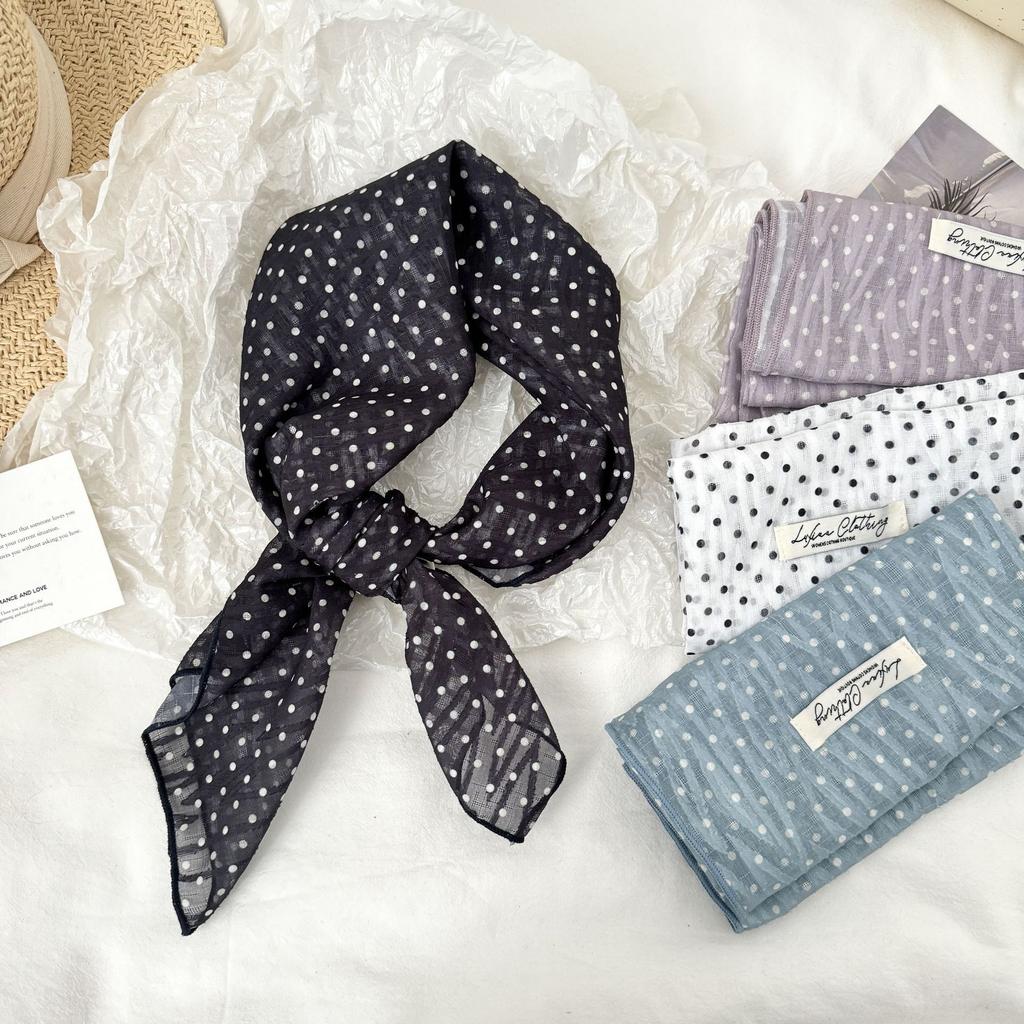 French White Polka Dot Headscarf Silk Scarf Female Cute Sweet And Playful High-End Small Square Scarf Idyllic Retro Versatile
