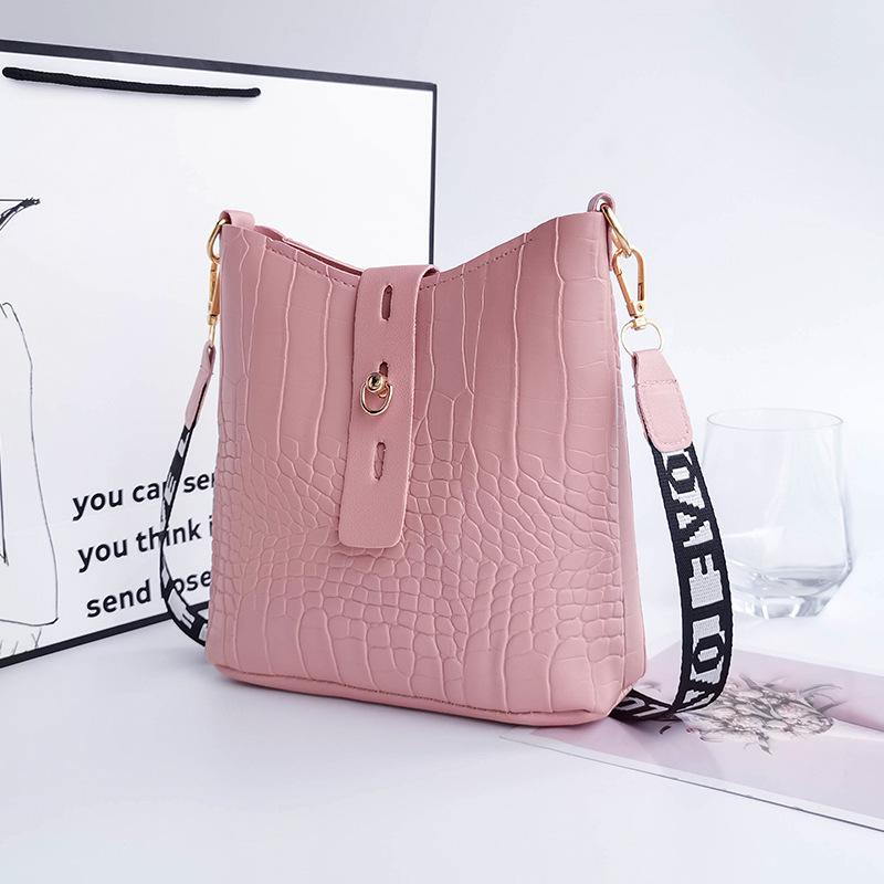 Crocodile pattern bucket shoulder crossbody women's bag versatile trend stone pattern buckle niche bag