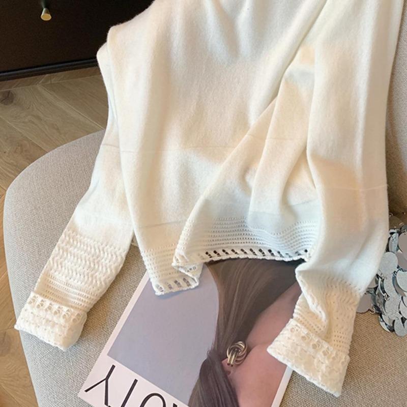 Autumn Winter Round Neck Hollow Out White Sweater Women Casual Fashion All-match Knitting Pullover Top