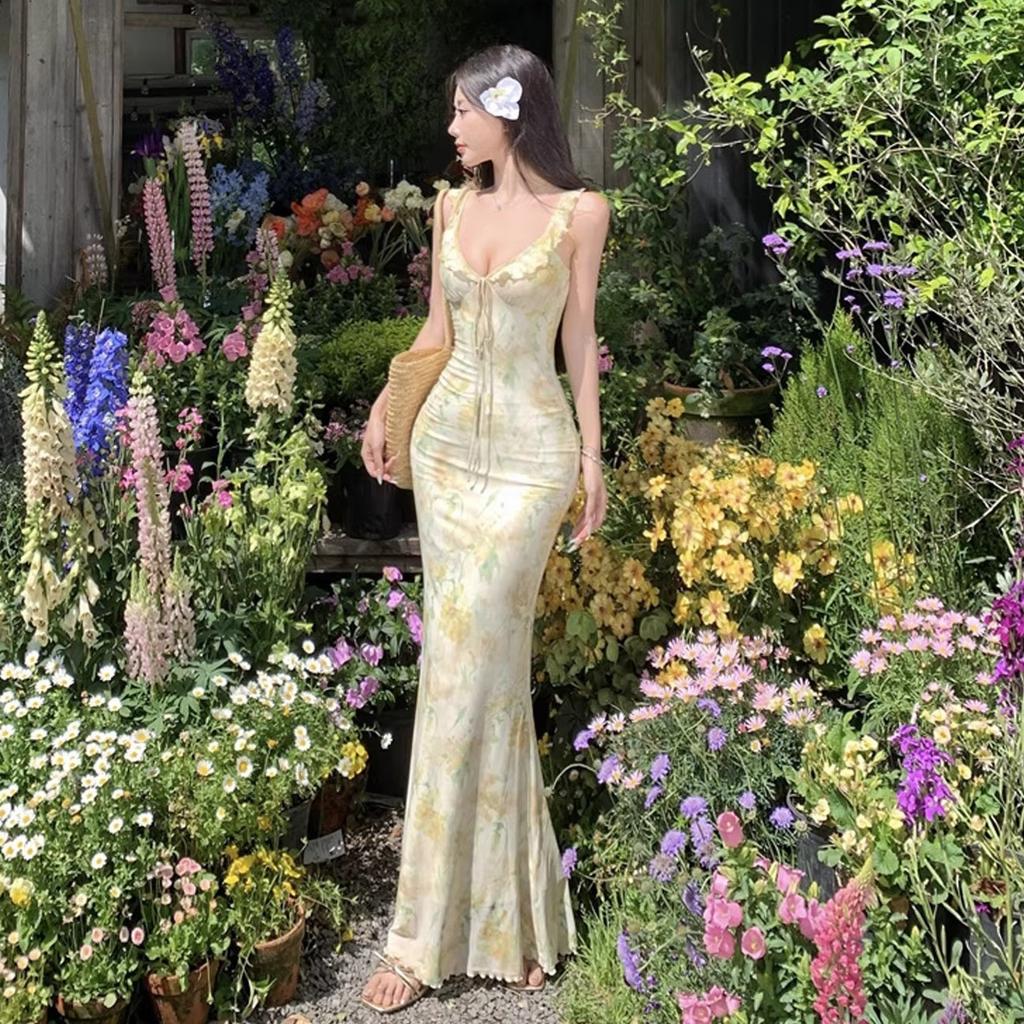 Holiday Style Sexy V-neck Floral Suspender Dress Women's Summer Backless Slim Waist Hip Fish Tail Long Skirt