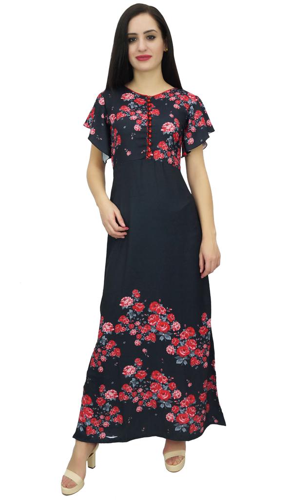 Bimba Women's Sleeve Black Floral Maxi Dress Georgette Summer Wear-14