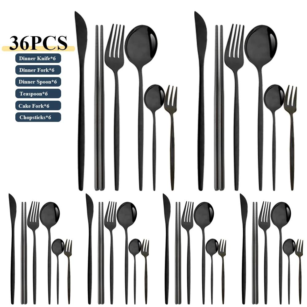 36Pcs Stainless Steel Dinner Black Silver Dinnerware Set Knife Fruit Fork Spoon Cutlery Set Kitchen Tableware Silverware Sets