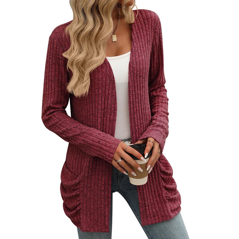 Outono e inverno feminino malhas cor sólida pit listra escovado bolso cardigan manga longa jaqueta