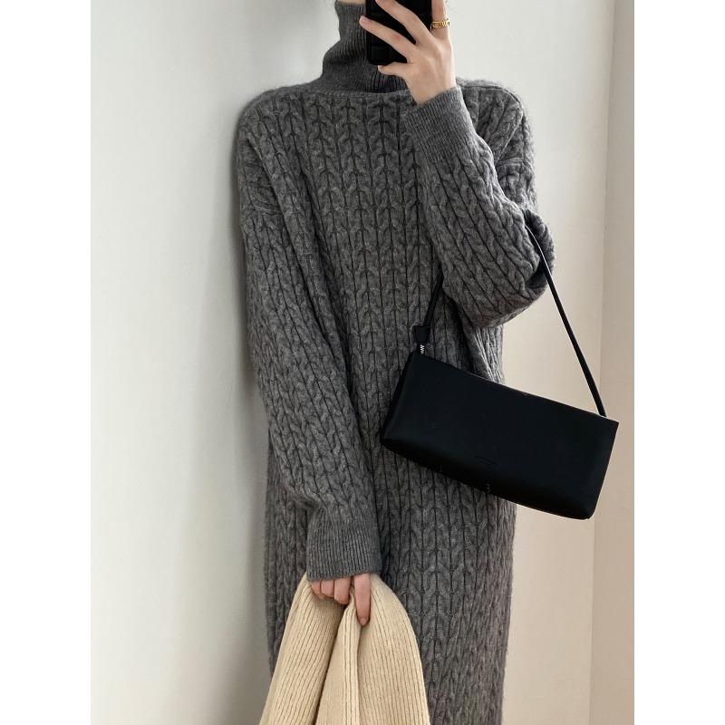 Autumn and Winter Turtleneck Long Twist Knitted Skirt Women's Loose Thickened Warm Sweater Skirt Knee Dress Tide