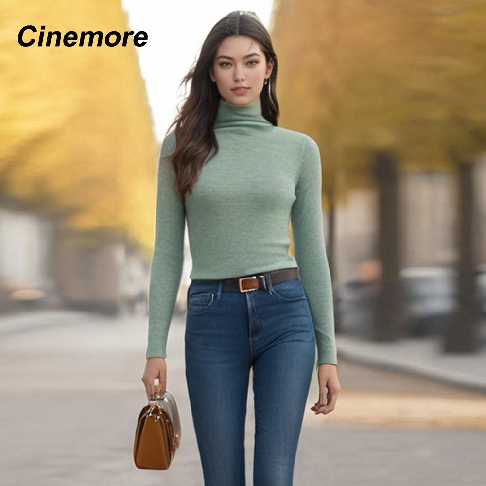Cinemore Women's Sweater Solid Oversize Casual Pullovers Shirt Warm High Neck Basic Knitted Jumper Cashmere Bottoming Top