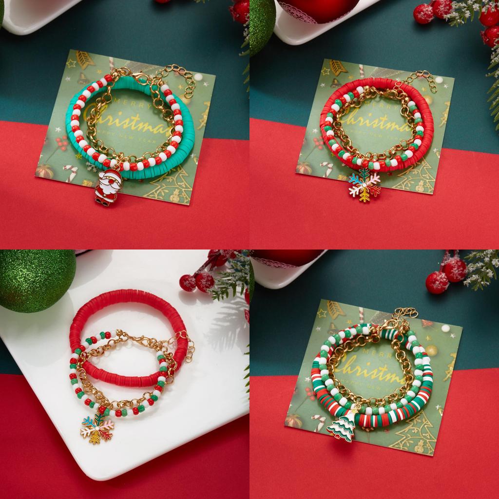 Christmas Resin Clay Bracelet Set With Snowflake Tree And Santa Pendants For Women Gift