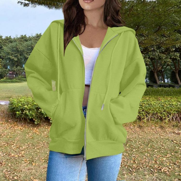 Women's Casual Solid Color Long Sleeve Zippered Hooded Sweatshirt Fashion Top