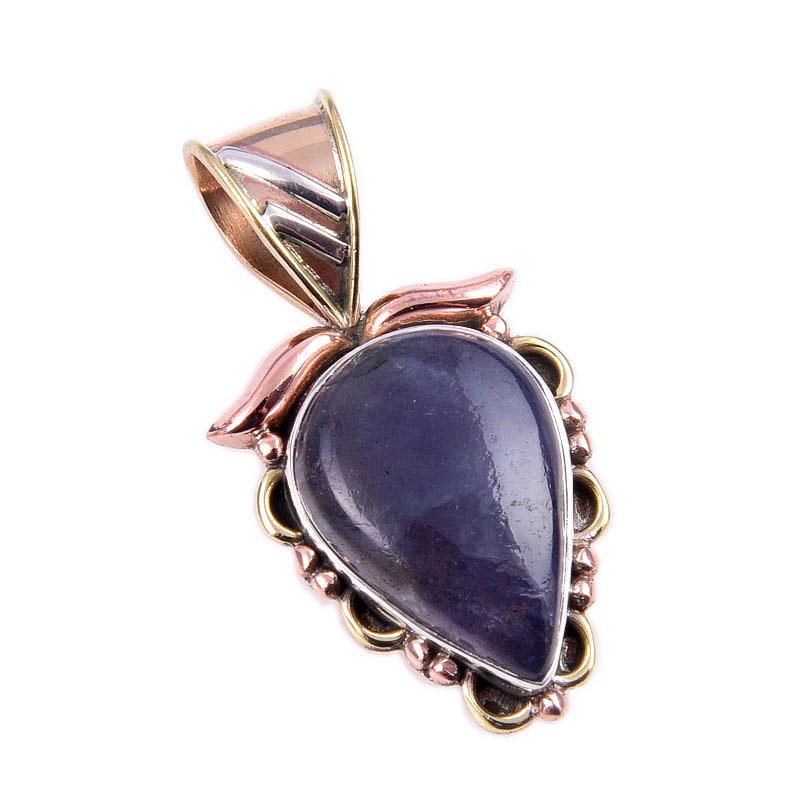 Pendentif bicolore en argent sterling 925 massif avec pierre précieuse iolite naturelle 3,2 cm W5E81